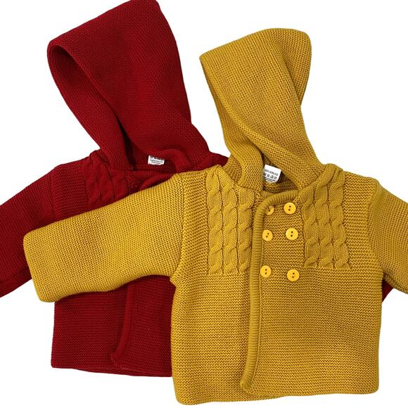 2 Knit Baby Hooded Jackets in colors yellow and red Size 12M - Picture 1 of 12